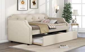 English Elm Upholstered Daybed with Trundle and Nailhead Trim, Twin Sofa Bed with Wood Slat Support, Durable Linen Upholstery Beige SM000501AAA
