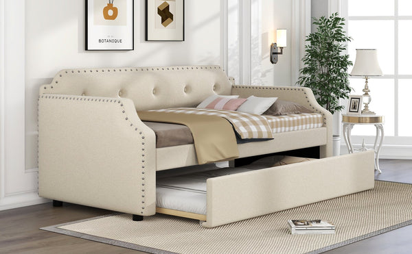English Elm Upholstered Daybed with Trundle and Nailhead Trim, Twin Sofa Bed with Wood Slat Support, Durable Linen Upholstery Beige SM000501AAA