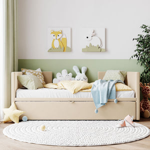 English Elm Twin Upholstered Daybed with Pop-Up Trundle and Slats Kit – Space-Saving Guest Bed with Wheels, Hydraulic Lift, 330lb Capacity Beige SF000005AAA