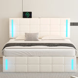 English Elm Queen Size Upholstered Bed With Led Lights,Hydraulic Storage System and Usb Charging Station,White