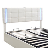 English Elm Queen Size Upholstered Bed With Led Lights,Hydraulic Storage System and Usb Charging Station,White