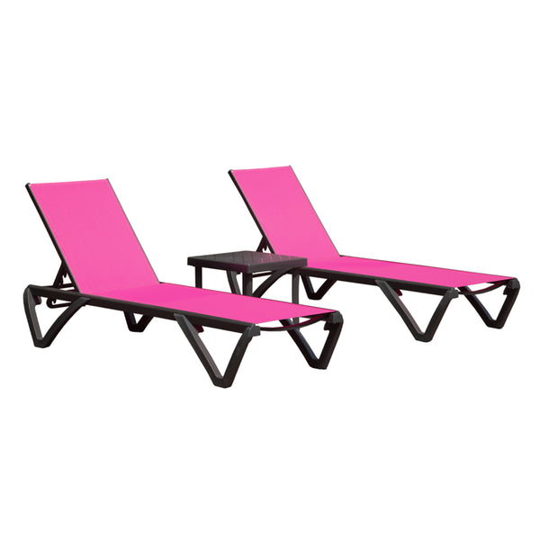 English Elm Outdoor Lounge Chair with Side Table, Aluminum Texitilene Recliner w/ 5 Positions, Wheels, Weatherproof Rose Red W1859P149687