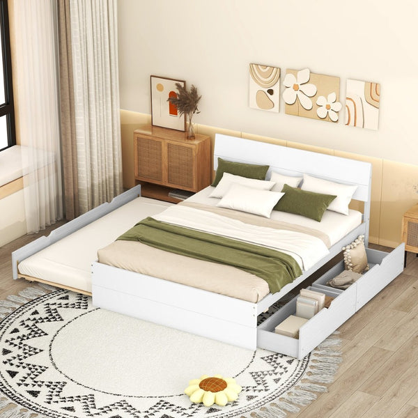 English Elm Modern Full Bed Frame with Twin Trundle and Dual Storage Drawers for Compact Rooms White W697S00027