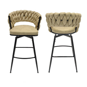 English Elm 28" Technical Leather Woven Bar Stool Set of 2 — 360° Swivel Upholstered Counter Stools, Durable Comfort Light Brown W2189131687