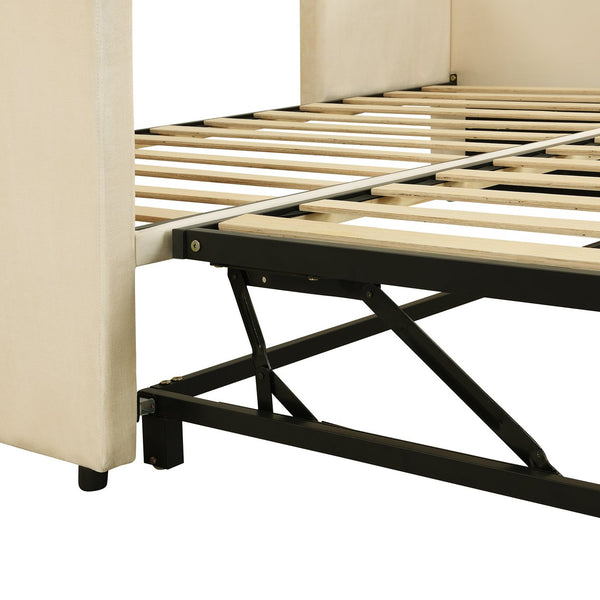 English Elm Twin Upholstered Daybed with Pop-Up Trundle and Slats Kit – Space-Saving Guest Bed with Wheels, Hydraulic Lift, 330lb Capacity Beige SF000005AAA
