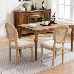 English Elm A&A French Style Dining Chairs Set Of 2 - Solid Wood Frame, Linen Upholstery & Rattan Back, Cream W1143141068