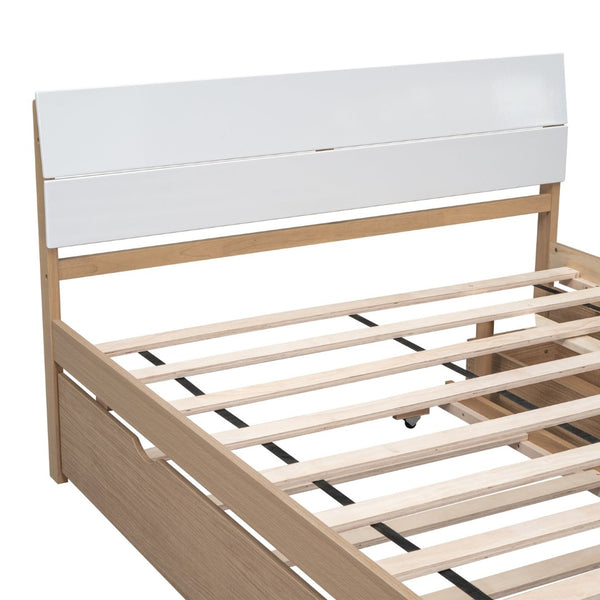 English Elm Modern Full Bed Frame with Twin Trundle and Dual Storage Drawers for Compact Rooms White+Oak W697S00020