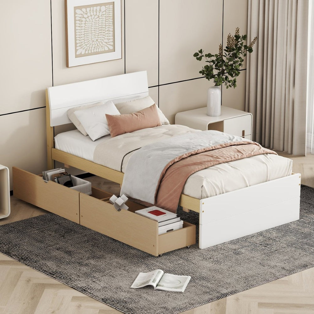 English Elm Modern Twin Bed with High Gloss Headboard Light Oak Trundle for Compact Spaces W697131330