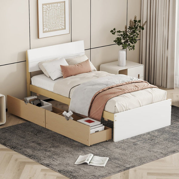 English Elm Modern Twin Bed with High Gloss Headboard Light Oak Trundle for Compact Spaces W697131330