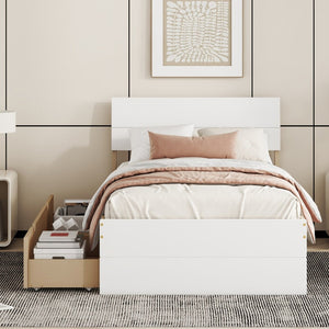English Elm Modern Twin Bed with High Gloss Headboard Light Oak Trundle for Compact Spaces W697131330