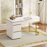 Hearth and Haven Modern 60'' Executive Desk and 74.8"Tall Corner Bookshelf Suite, Curved Computer Desk with Metal Legs, Fan-Shaped and Wooden Standing Bookcase with Drawer, Doors For Home Office, Living Room, Gold+White SR000090AAK