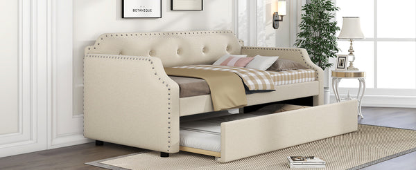 English Elm Upholstered Daybed with Trundle and Nailhead Trim, Twin Sofa Bed with Wood Slat Support, Durable Linen Upholstery Beige SM000501AAA