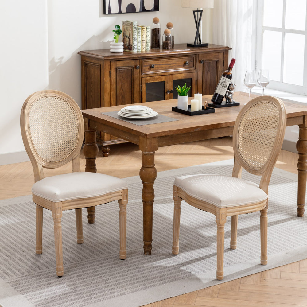English Elm A&A French Style Dining Chairs Set Of 2 - Solid Wood Frame, Linen Upholstery & Rattan Back, Cream W1143141068