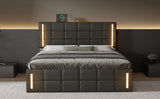 English Elm Queen Size Upholstered Bed With Led Lights,Hydraulic Storage System and Usb Charging Station,Black