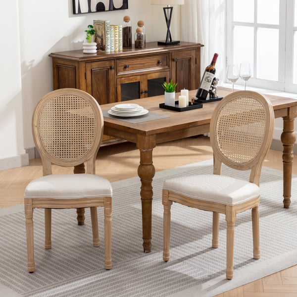 English Elm A&A French Style Dining Chairs Set Of 2 - Solid Wood Frame, Linen Upholstery & Rattan Back, Cream W1143141068