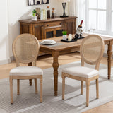 English Elm ,French Style Solid Wood Frame Antique Painting Linen Fabric Rattan Back Dining Chair,Set Of 2,Cream,Beige