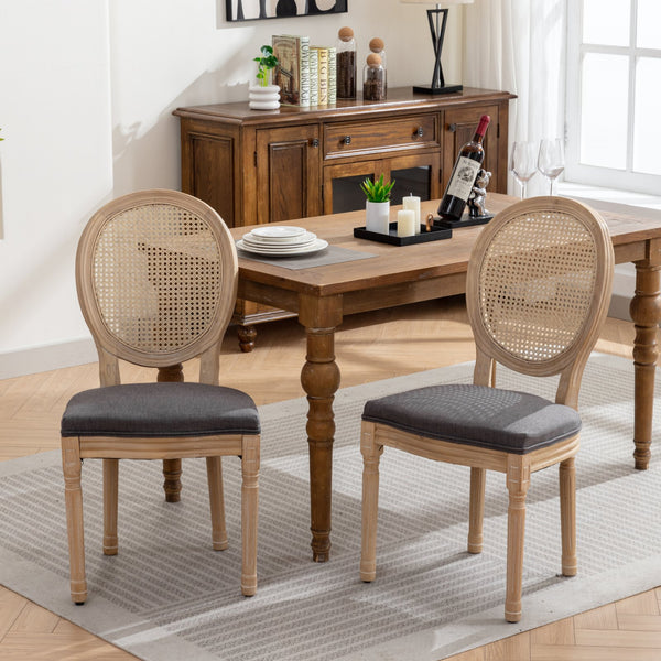 English Elm A&A Elegant French Style Dining Chairs Set Of 2 With Linen Upholstery & Rattan Back For Timeless Charm W1143141069