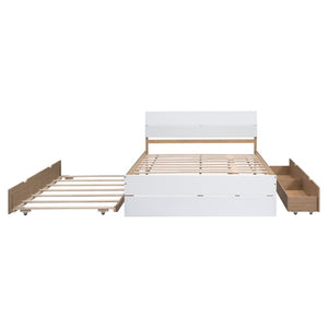 English Elm Modern Full Bed Frame with Twin Trundle and Dual Storage Drawers for Compact Rooms White+Oak W697S00020
