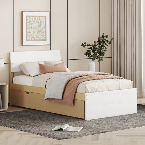 English Elm Modern Twin Bed with High Gloss Headboard Light Oak Trundle for Compact Spaces W697131330