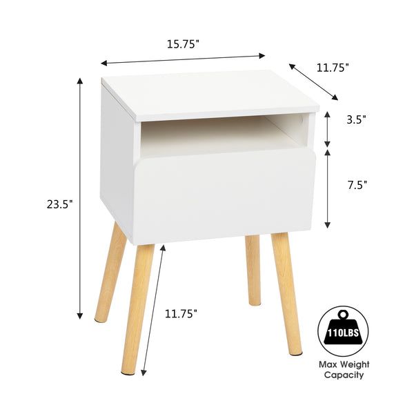 English Elm 2-piece Modern Nightstand Set in White with Drawers & Open Shelf, Pine Legs, Compact 15.7"L x 11.8"W x 23.6"H W2181P149701