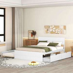 English Elm Modern Full Bed Frame with Twin Trundle and Dual Storage Drawers for Compact Rooms White W697S00027