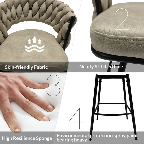 English Elm 28" Technical Leather Woven Bar Stool Set of 2 — 360° Swivel Upholstered Counter Stools, Durable Comfort Light Brown W2189131687