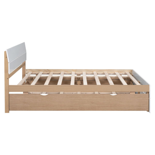 English Elm Modern Full Bed Frame with Twin Trundle and Dual Storage Drawers for Compact Rooms White+Oak W697S00020