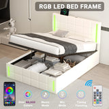 English Elm Full Size Upholstered Bed With Led Lights,Hydraulic Storage System and Usb Charging Station,White