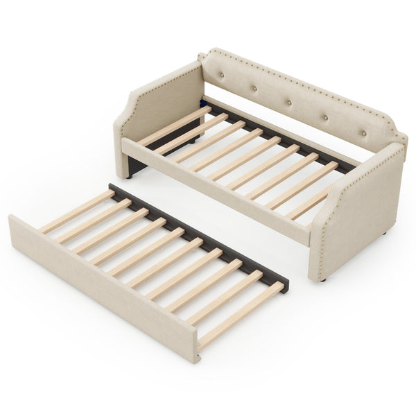 English Elm Upholstered Daybed with Trundle and Nailhead Trim, Twin Sofa Bed with Wood Slat Support, Durable Linen Upholstery Beige SM000501AAA