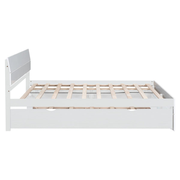 English Elm Modern Full Bed Frame with Twin Trundle and Dual Storage Drawers for Compact Rooms White W697S00027