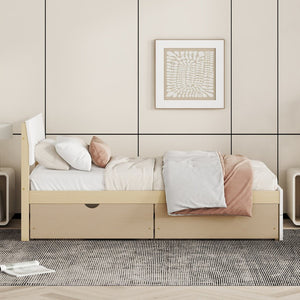English Elm Modern Twin Bed with High Gloss Headboard Light Oak Trundle for Compact Spaces W697131330