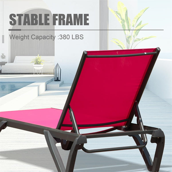 English Elm Outdoor Lounge Chair with Side Table, Aluminum Texitilene Recliner w/ 5 Positions, Wheels, Weatherproof Rose Red W1859P149687
