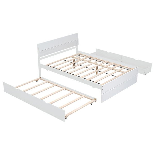 English Elm Modern Full Bed Frame with Twin Trundle and Dual Storage Drawers for Compact Rooms White W697S00027
