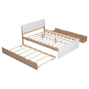 English Elm Modern Full Bed Frame with Twin Trundle and Dual Storage Drawers for Compact Rooms White+Oak W697S00020