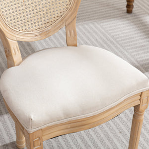 English Elm A&A French Style Dining Chairs Set Of 2 - Solid Wood Frame, Linen Upholstery & Rattan Back, Cream W1143141068