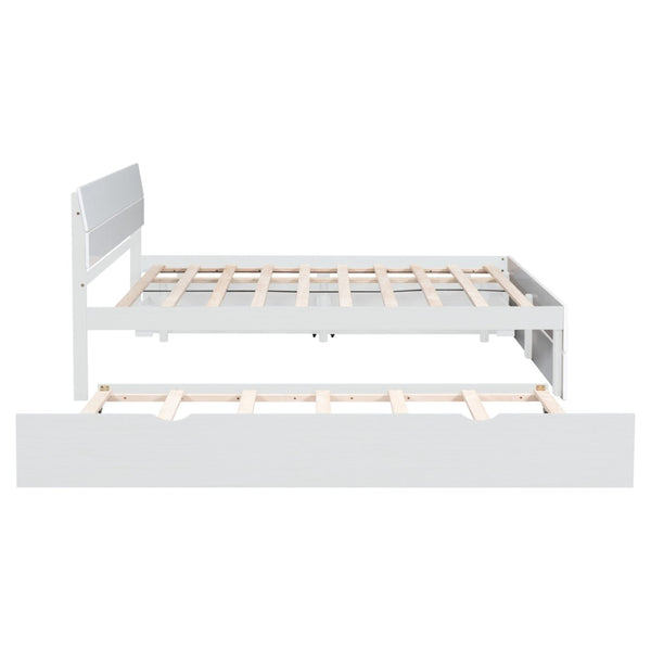 English Elm Modern Full Bed Frame with Twin Trundle and Dual Storage Drawers for Compact Rooms White W697S00027