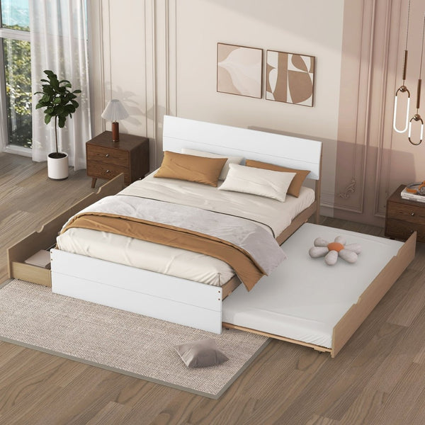 English Elm Modern Full Bed Frame with Twin Trundle and Dual Storage Drawers for Compact Rooms White+Oak W697S00020