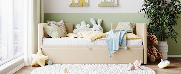 English Elm Twin Upholstered Daybed with Pop-Up Trundle and Slats Kit – Space-Saving Guest Bed with Wheels, Hydraulic Lift, 330lb Capacity Beige SF000005AAA