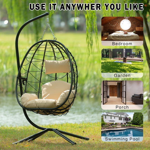 English Elm Egg Modern Rattan Swing Chair with Stand – Black PE Wicker & Beige Cushion, All-Weather Patio Egg Seat W87433841