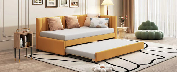 English Elm Upholstered Twin Daybed with Roll-out Trundle Linen Sofa Frame for Guest Rooms LP000171AAL