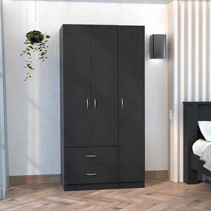 English Elm Three Door Armoire Clark Black – Tall Engineered Wood Wardrobe with Clothing Rod, 4 Shelves & 2 Drawers, 70.8"H B092S00201