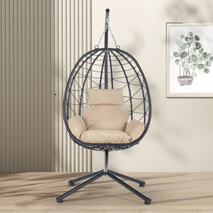 English Elm Egg Modern Rattan Swing Chair with Stand – Black PE Wicker & Beige Cushion, All-Weather Patio Egg Seat W87433841