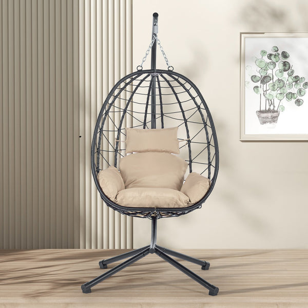 English Elm Egg Modern Rattan Swing Chair with Stand – Black PE Wicker & Beige Cushion, All-Weather Patio Egg Seat W87433841