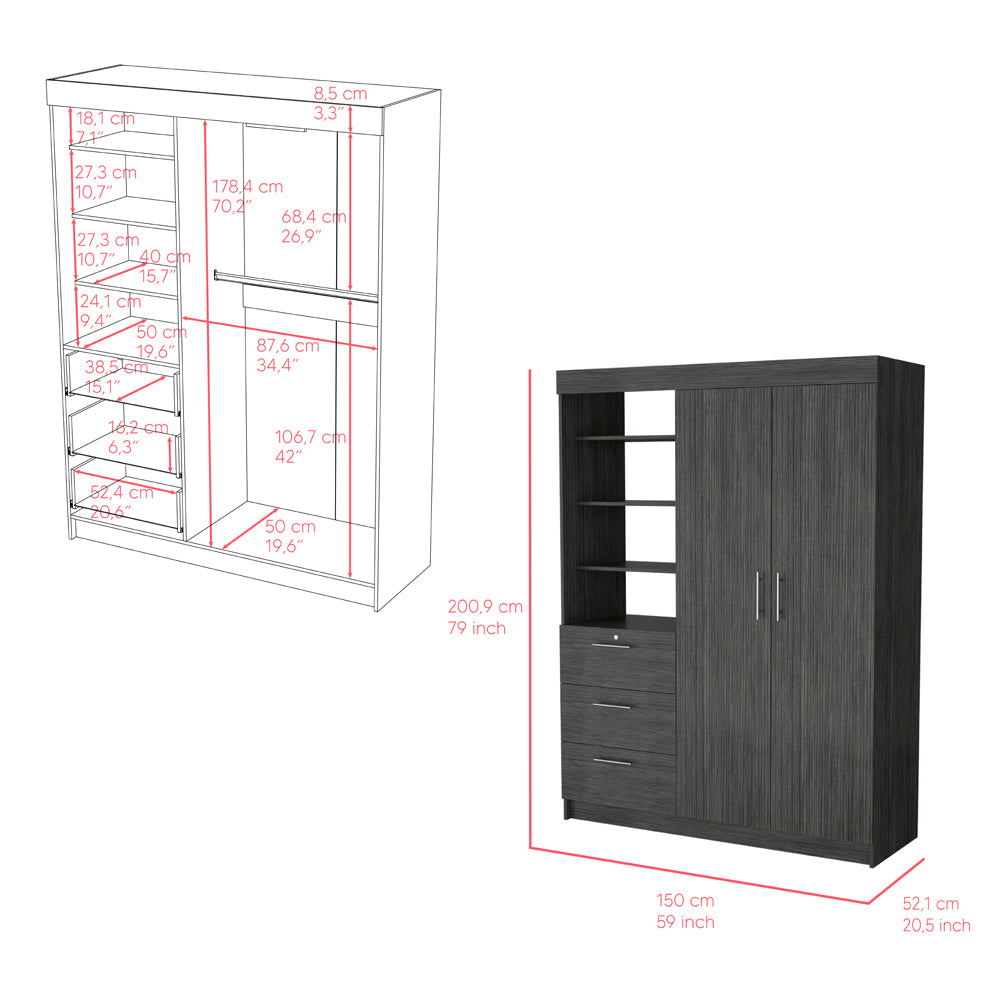 English Elm Armoire Rumanu Smokey Oak Gray Engineered Wood Wardrobe with Two Doors, 3 Drawers & 4 Shelves, Durable Storage Solution for Bedroom or Any Room B092S00216