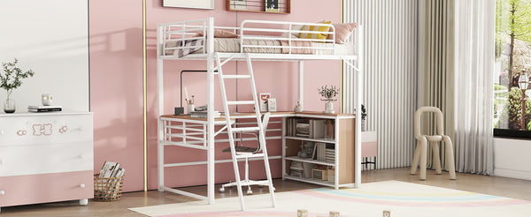 English Elm Twin Metal Loft Bed with L-Shaped Desk, 3-Tier Shelving, Sturdy Ladder & Space-Saving Design White SF000079AAK