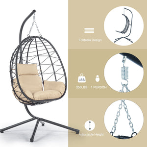 English Elm Egg Modern Rattan Swing Chair with Stand – Black PE Wicker & Beige Cushion, All-Weather Patio Egg Seat W87433841
