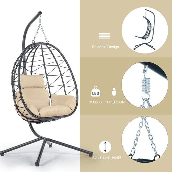 English Elm Egg Modern Rattan Swing Chair with Stand – Black PE Wicker & Beige Cushion, All-Weather Patio Egg Seat W87433841