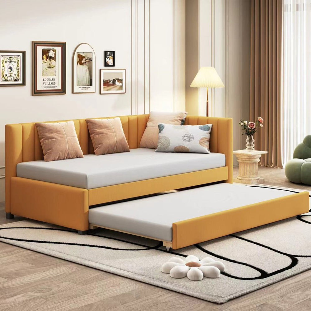 English Elm Upholstered Twin Daybed with Roll-out Trundle Linen Sofa Frame for Guest Rooms LP000171AAL