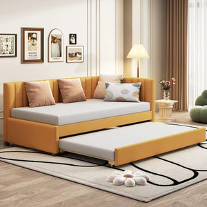 English Elm Upholstered Twin Daybed with Roll-out Trundle Linen Sofa Frame for Guest Rooms LP000171AAL