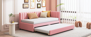 English Elm Upholstered Twin Daybed with Roll-out Trundle Linen Sofa Frame for Guest Rooms Pink LP000171AAH
